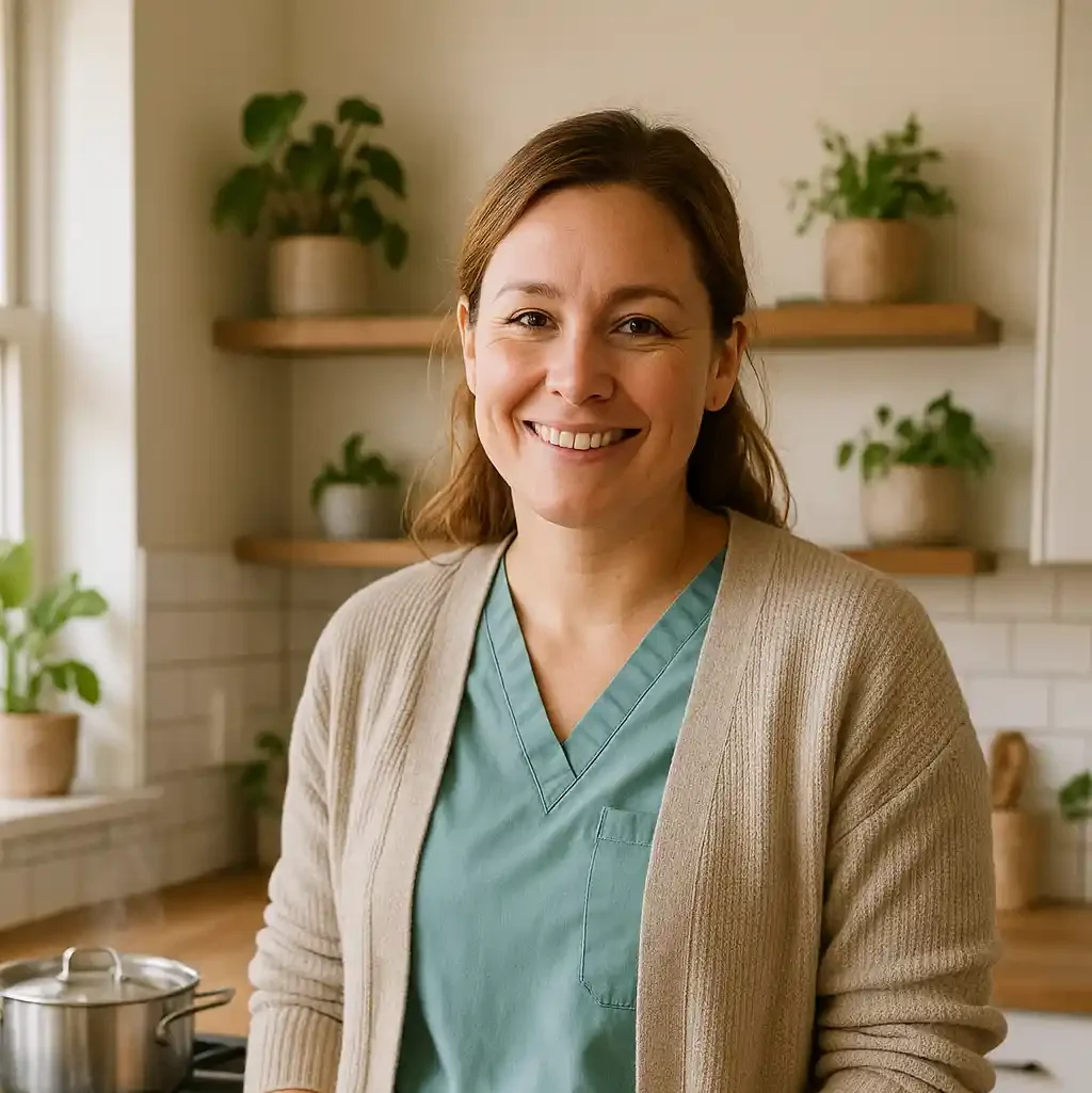 A smiling woman in medical scrubs and a beige cardigan stands in a kitchen preparing fresh vegetables.